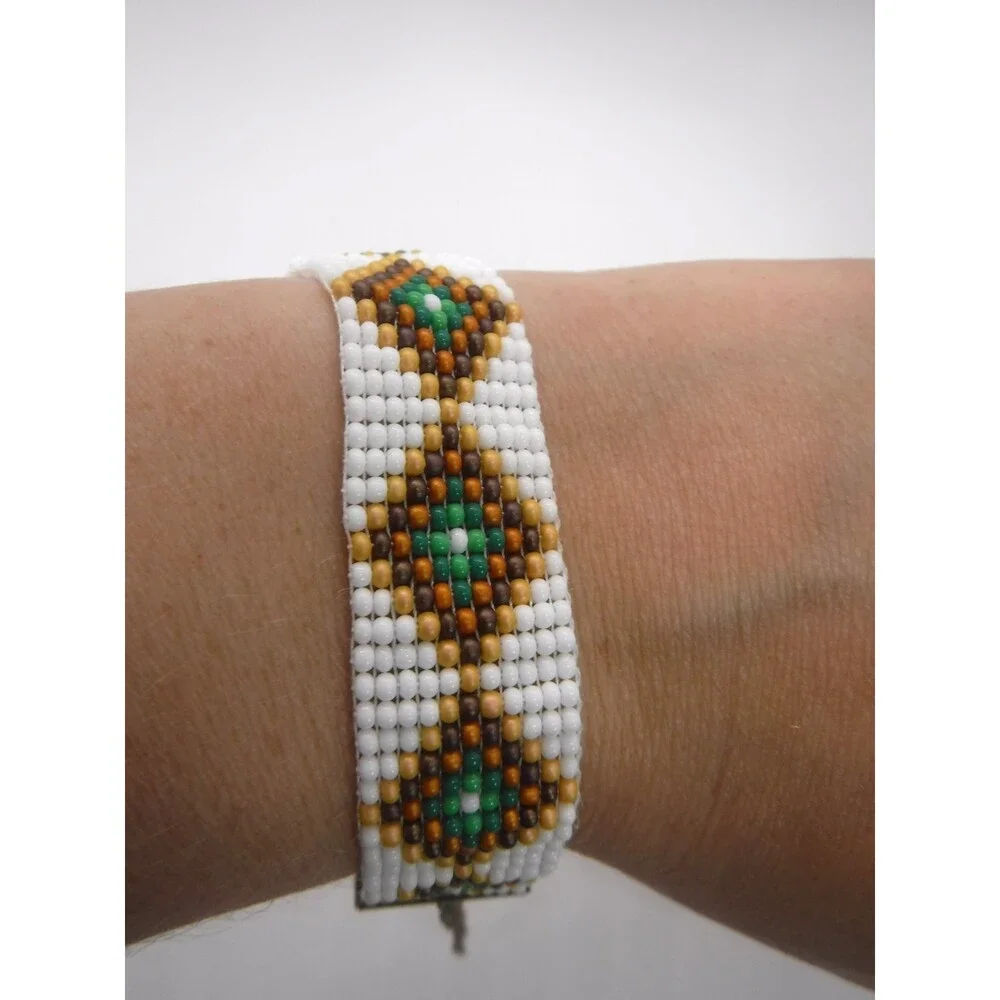 Loom Beaded Bracelet White, Brown & Green